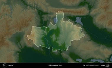 Kilkis Bölgesel Birimi. Yunanistan 'ın idari alanı koyu renkli bir yükseklik haritasına vurgulandı ve özetlendi