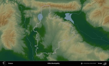 Kilkis Belediyesi. Yunanistan 'ın idari bölgesi renkli bir yükseklik haritasında özetlendi