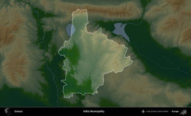 Kilkis Belediyesi. Yunanistan 'ın idari alanı koyu renkli bir yükseklik haritasına vurgulandı ve özetlendi