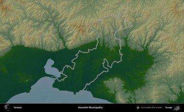Komotini Belediyesi. Yunanistan 'ın idari bölgesi renkli bir yükseklik haritasında özetlendi