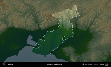 Komotini Belediyesi. Yunanistan 'ın idari alanı koyu renkli bir yükseklik haritasına vurgulandı ve özetlendi