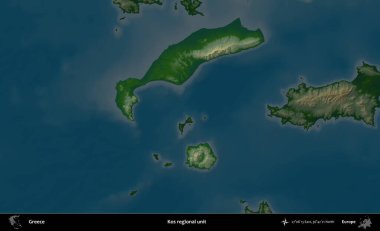 Kos bölgesel birimi. Yunanistan 'ın idari alanı koyu renkli bir yükseklik haritasına vurgulandı ve özetlendi