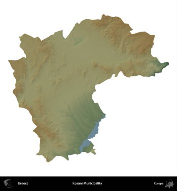 Kozani Belediyesi. Yunanistan 'ın idari bölgesi renkli bir yükseklik haritasında beyaza izole edildi