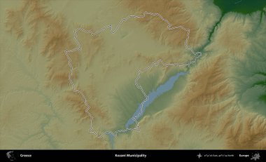 Kozani Belediyesi. Yunanistan 'ın idari bölgesi renkli bir yükseklik haritasında özetlendi