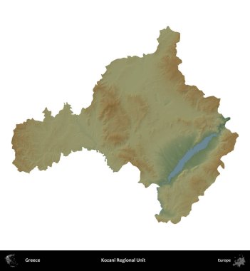 Kozani Bölgesel Birimi. Yunanistan 'ın idari bölgesi renkli bir yükseklik haritasında beyaza izole edildi