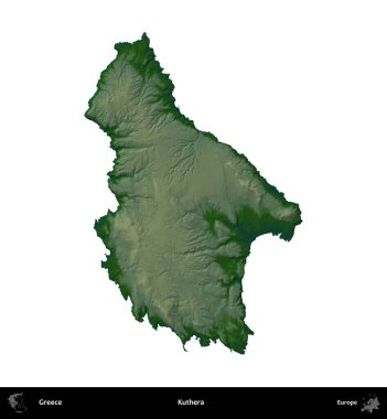 Kuthera. Yunanistan 'ın idari bölgesi renkli bir yükseklik haritasında beyaza izole edildi