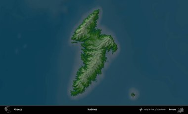 Kuthnos. Yunanistan 'ın idari alanı koyu renkli bir yükseklik haritasına vurgulandı ve özetlendi