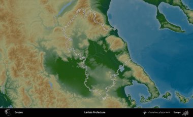 Larissa Bölgesi. Yunanistan 'ın idari bölgesi renkli bir yükseklik haritasında özetlendi