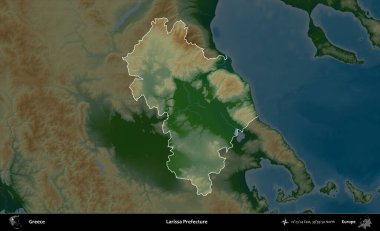 Larissa Bölgesi. Yunanistan 'ın idari alanı koyu renkli bir yükseklik haritasına vurgulandı ve özetlendi