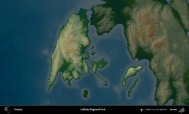 Lefkada Bölgesel Birimi. Yunanistan 'ın idari alanı koyu renkli bir yükseklik haritasına vurgulandı ve özetlendi