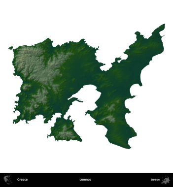 Lemnos. Yunanistan 'ın idari bölgesi renkli bir yükseklik haritasında beyaza izole edildi