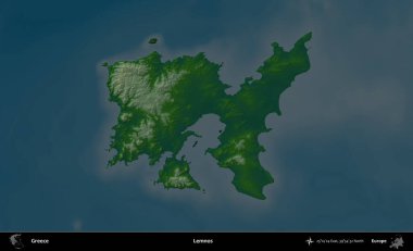 Lemnos. Yunanistan 'ın idari alanı koyu renkli bir yükseklik haritasına vurgulandı ve özetlendi