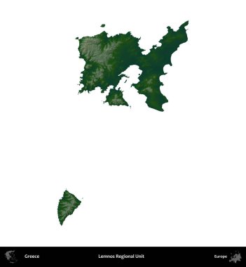 Lemnos Bölgesel Birimi. Yunanistan 'ın idari bölgesi renkli bir yükseklik haritasında beyaza izole edildi
