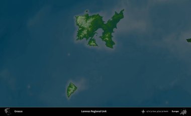 Lemnos Bölgesel Birimi. Yunanistan 'ın idari alanı koyu renkli bir yükseklik haritasına vurgulandı ve özetlendi