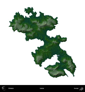 Leros. Yunanistan 'ın idari bölgesi renkli bir yükseklik haritasında beyaza izole edildi