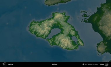 Lezbiyenler. Yunanistan 'ın idari alanı koyu renkli bir yükseklik haritasına vurgulandı ve özetlendi