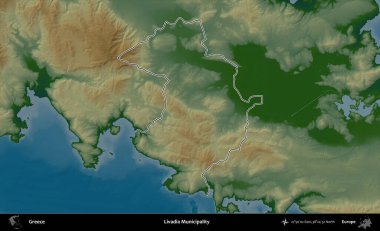 Livadia Belediyesi. Yunanistan 'ın idari bölgesi renkli bir yükseklik haritasında özetlendi