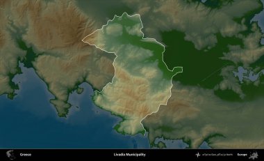 Livadia Belediyesi. Yunanistan 'ın idari alanı koyu renkli bir yükseklik haritasına vurgulandı ve özetlendi