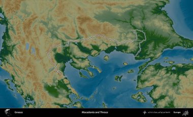 Makedonya ve Trakya. Yunanistan 'ın idari bölgesi renkli bir yükseklik haritasında özetlendi