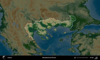 Makedonya ve Trakya. Yunanistan 'ın idari alanı koyu renkli bir yükseklik haritasına vurgulandı ve özetlendi