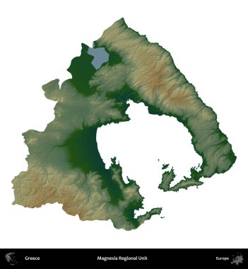 Magnezya Bölgesel Birimi. Yunanistan 'ın idari bölgesi renkli bir yükseklik haritasında beyaza izole edildi