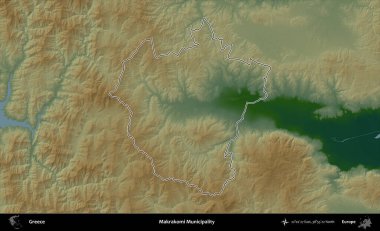 Makrakomi Belediyesi. Yunanistan 'ın idari bölgesi renkli bir yükseklik haritasında özetlendi
