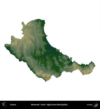 Mantoudi - Limni - Aghia Anna Belediyesi. Yunanistan 'ın idari bölgesi renkli bir yükseklik haritasında beyaza izole edildi
