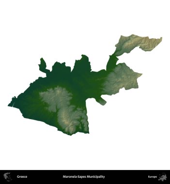 Maroneia-Sapes Belediyesi. Yunanistan 'ın idari bölgesi renkli bir yükseklik haritasında beyaza izole edildi