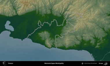 Maroneia-Sapes Belediyesi. Yunanistan 'ın idari bölgesi renkli bir yükseklik haritasında özetlendi