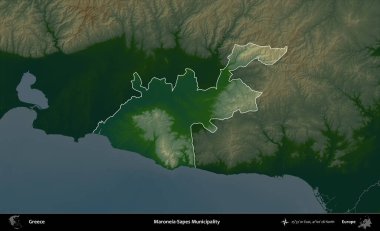 Maroneia-Sapes Belediyesi. Yunanistan 'ın idari alanı koyu renkli bir yükseklik haritasına vurgulandı ve özetlendi