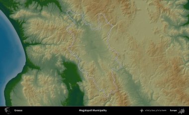 Megalopoli Belediyesi. Yunanistan 'ın idari bölgesi renkli bir yükseklik haritasında özetlendi