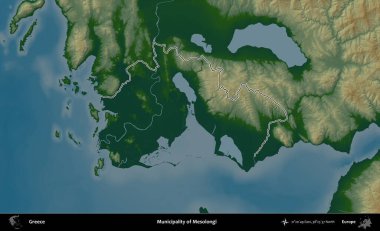 Mesolongi Belediyesi. Yunanistan 'ın idari bölgesi renkli bir yükseklik haritasında özetlendi