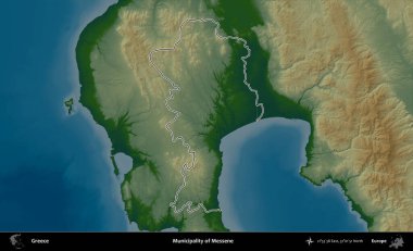 Messene Belediyesi. Yunanistan 'ın idari bölgesi renkli bir yükseklik haritasında özetlendi