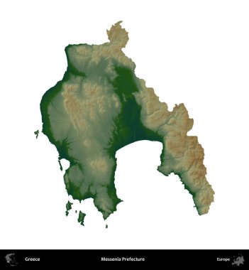 Messenia Bölgesi. Yunanistan 'ın idari bölgesi renkli bir yükseklik haritasında beyaza izole edildi