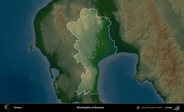 Messene Belediyesi. Yunanistan 'ın idari alanı koyu renkli bir yükseklik haritasına vurgulandı ve özetlendi
