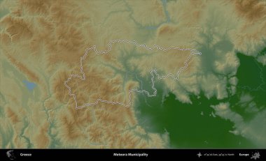 Meteora Belediyesi. Yunanistan 'ın idari bölgesi renkli bir yükseklik haritasında özetlendi