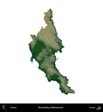 Monemvasia Belediyesi. Yunanistan 'ın idari bölgesi renkli bir yükseklik haritasında beyaza izole edildi