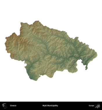 Myki Belediyesi. Yunanistan 'ın idari bölgesi renkli bir yükseklik haritasında beyaza izole edildi