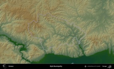 Myki Belediyesi. Yunanistan 'ın idari bölgesi renkli bir yükseklik haritasında özetlendi