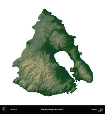 Mytilene Belediyesi. Yunanistan 'ın idari bölgesi renkli bir yükseklik haritasında beyaza izole edildi