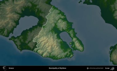 Mytilene Belediyesi. Yunanistan 'ın idari alanı koyu renkli bir yükseklik haritasına vurgulandı ve özetlendi