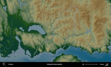 Nafpaktia Belediyesi. Yunanistan 'ın idari bölgesi renkli bir yükseklik haritasında özetlendi