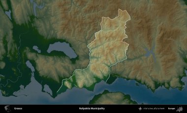 Nafpaktia Belediyesi. Yunanistan 'ın idari alanı koyu renkli bir yükseklik haritasına vurgulandı ve özetlendi
