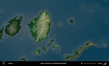 Naxos ve Lesser Cyclades. Yunanistan 'ın idari alanı koyu renkli bir yükseklik haritasına vurgulandı ve özetlendi