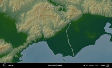Nestos Belediyesi. Yunanistan 'ın idari bölgesi renkli bir yükseklik haritasında özetlendi