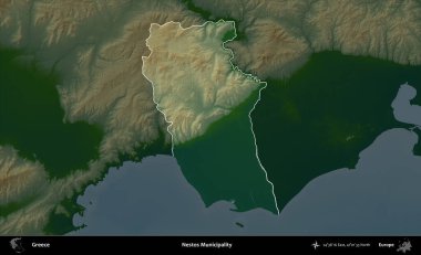 Nestos Belediyesi. Yunanistan 'ın idari alanı koyu renkli bir yükseklik haritasına vurgulandı ve özetlendi