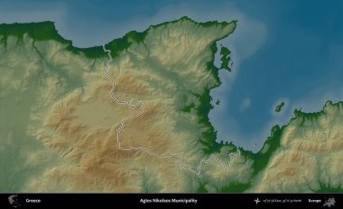 Agios Nikolaos Belediyesi. Yunanistan 'ın idari bölgesi renkli bir yükseklik haritasında özetlendi