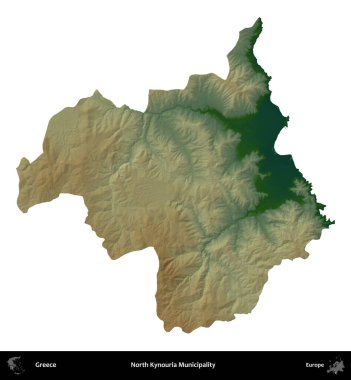 Kuzey Kynouria Belediyesi. Yunanistan 'ın idari bölgesi renkli bir yükseklik haritasında beyaza izole edildi