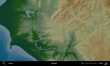 Olympia. Yunanistan 'ın idari bölgesi renkli bir yükseklik haritasında özetlendi