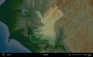 Olympia. Yunanistan 'ın idari alanı koyu renkli bir yükseklik haritasına vurgulandı ve özetlendi
